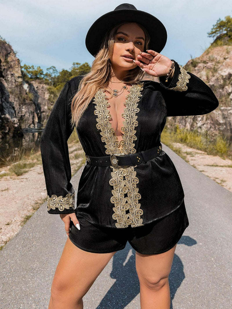 Plus Size Contrast Long Sleeve Top and Shorts Set - Jey Boutique LLC