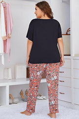 Plus Size Contrast Round Neck Tee and Floral Pants Lounge Set.