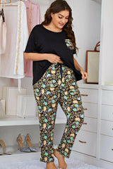 Plus Size Contrast Round Neck Tee and Floral Pants Lounge Set.