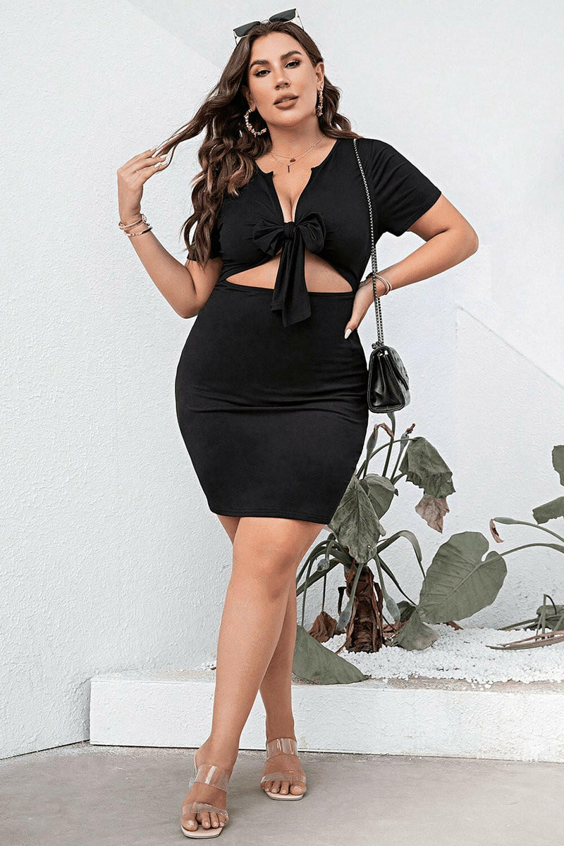 Plus Size Cutout Tie Front Short Sleeve Dress - Jey Boutique LLC