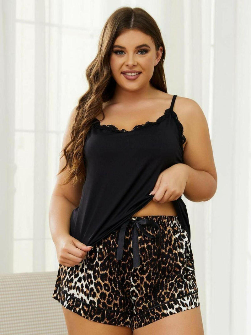 Plus Size Lace Trim Scoop Neck Cami and Printed Shorts Pajama Set - Jey Boutique LLC