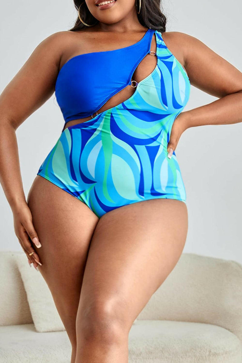 Plus Size Printed Ring Detail One-Shoulder One-Piece Swimsuit.