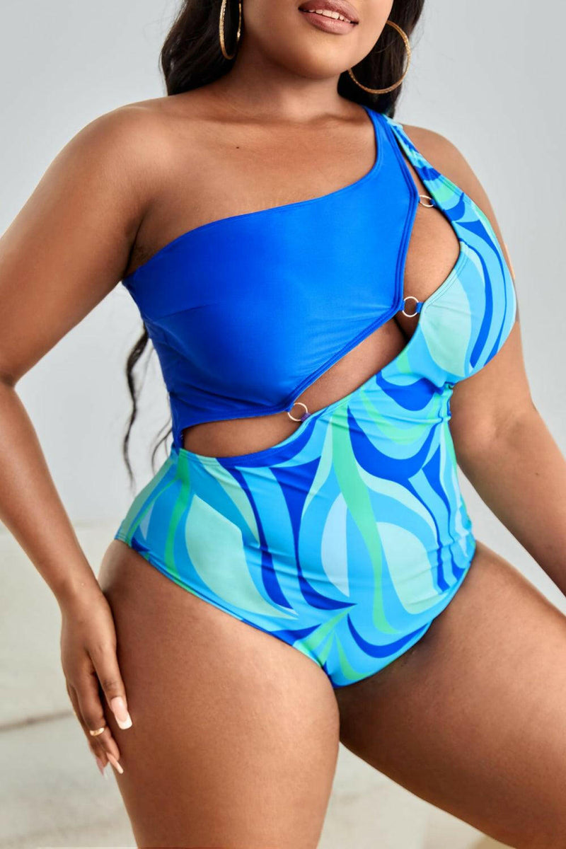 Plus Size Printed Ring Detail One-Shoulder One-Piece Swimsuit.
