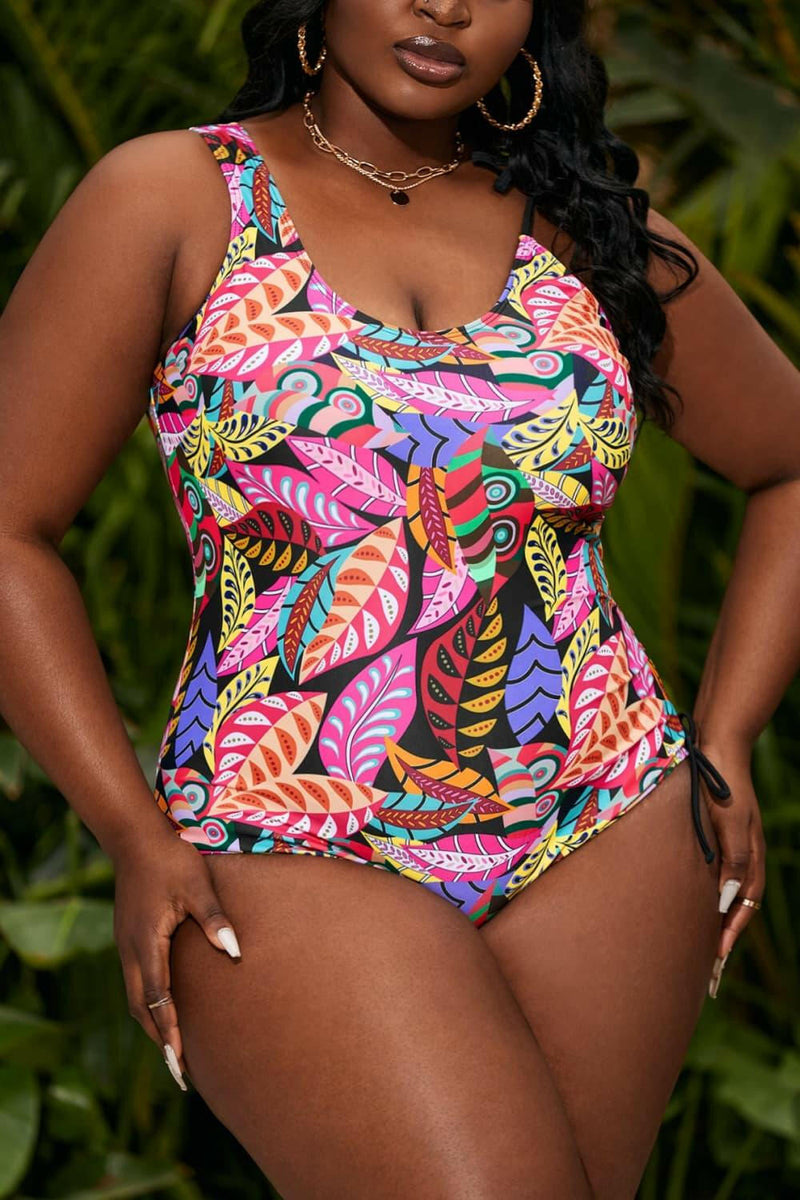 Plus Size Printed Tied Sleeveless One-Piece Swimsuit.