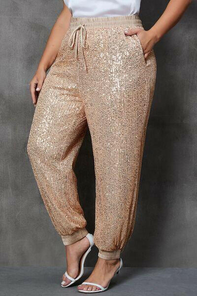 Plus Size Sequin Drawstring Joggers with Pockets - Jey Boutique LLC
