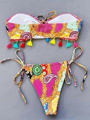 Printed Tied Strapless Bikini Set.
