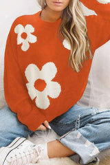 Round Neck Floral Pattern Color Contrast Design Long Sleeve Sweater - Jey Boutique LLC