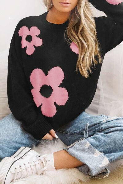 Round Neck Floral Pattern Color Contrast  Design Long Sleeve Sweater.