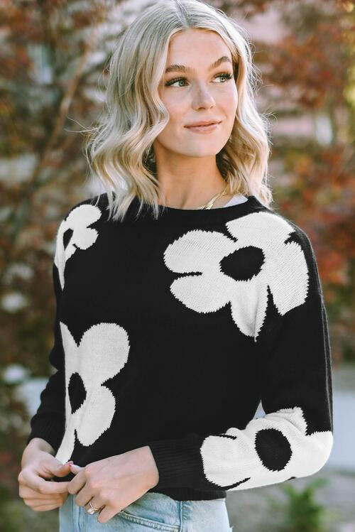 Round Neck Floral Pattern Color Contrast  Design Long Sleeve Sweater.