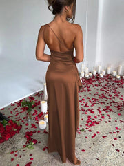 Satin Oblique Shoulder Thigh High Split Maxi Dress - Jey Boutique LLC