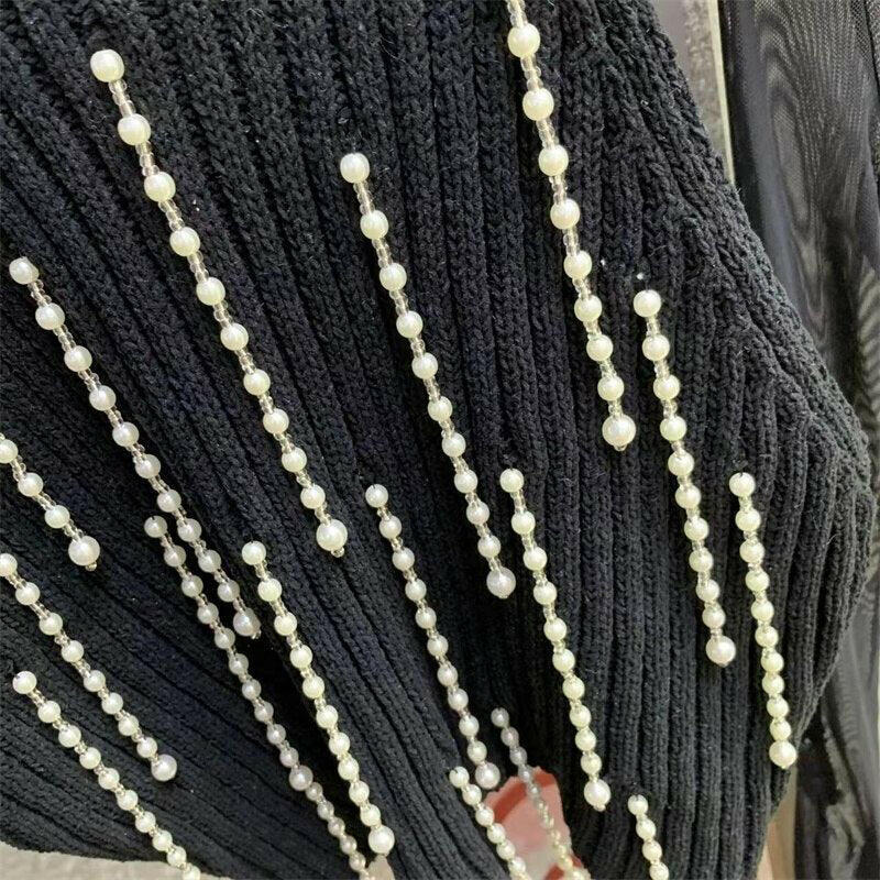 Sleeveless Heavy Pearl Beading Knitting Halter Top - Jey Boutique LLC