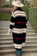Striped Open Front Long Sleeve Longline Sweater Cardigan.