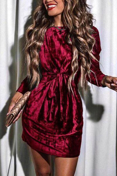 Tied Round Neck Long Sleeve Dress.