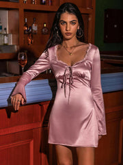 Tied Sweetheart Neck Long Sleeve Night Dress - Jey Boutique LLC