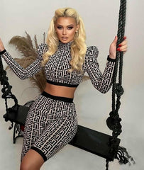 Trendy Geometric Jacquard Two Piece Long Sleeves Crop Top and Bike Shorts.