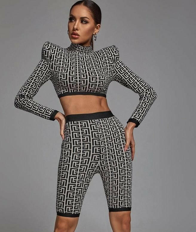 Trendy Geometric Jacquard Two Piece Long Sleeves Crop Top and Bike Shorts - Jey Boutique LLC
