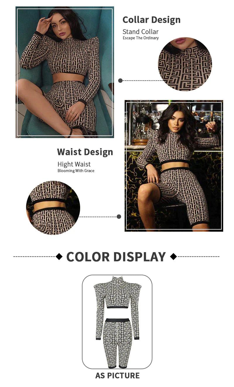 Trendy Geometric Jacquard Two Piece Long Sleeves Crop Top and Bike Shorts - Jey Boutique LLC