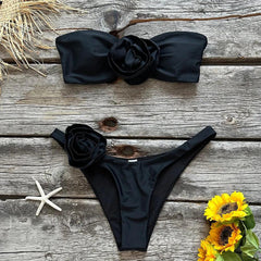 Two-Pieces Lace Up Push-Up Padded Bra Black Bikini Set.