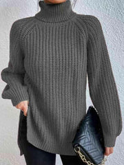 Full Size Turtleneck Rib-Knit Slit Sweater.